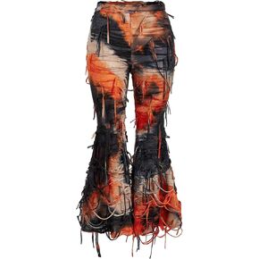 Floerns Women's Plus Size High Waist Tie Dye Ruched Punk Tassel Flare Leg Long Pants