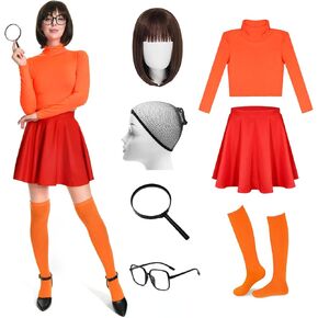 Womens Halloween Costumes 2024 Turtleneck Crop Top,Skater Skirt,Brown Bob Wig,Magnifying Glass,Socks and Glasses