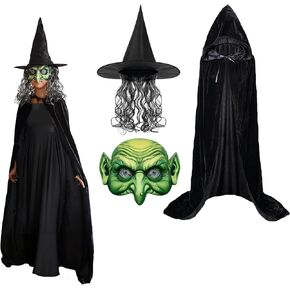 Halloween Witch Costumes for Women, 3PCS Set Halloween Party Women Capes, Scary Green Creepy Old Hag Mask with Hat and Cloak Cosplay Dress-up, Horror Wizard Dress Up for Adult
