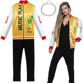 Push It Pop Star Halloween Costume for Women 80's Hip Hop Salt N Pepa Jacket Jacket Leotard Necklace Rapper Outfit