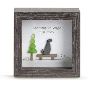 DEMDACO Sharon Nowlan Dashing Through The Snow Woodgrain 4 x 4 Wood and Glass Christmas Shadow Box