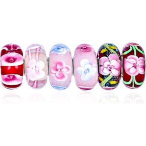 Assorted Mixed Set Of 6 Bundle Translucent Shades Of Floral Red Pink Blue Yellow Flower Rose Murano Glass Charm Bead .925 Sterling Silver Core Fits European Bracelet For Women Teen