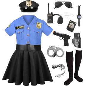 9 Pcs Halloween Police Officer Costume Kids Girls Cop Policeman Cosplay Uniform Outfits with Gear Stuff Accessories