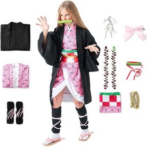 Girls Kids Anime Cosplay Costume Halloween Demon Kamado Kimono Robe Outfit Set W/Stickers