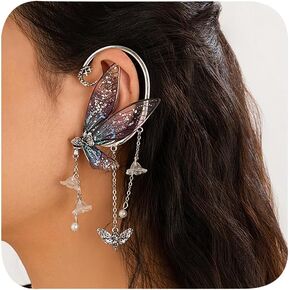 Silver Butterfly Ear Cuff Red/Blue/Green Cuff Earrings for Women Non Piercing Flower Pendant Jewelry