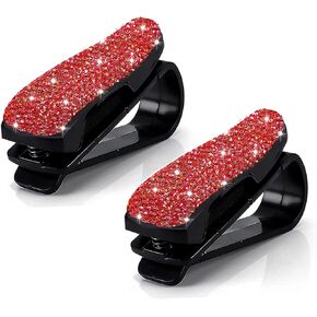 Pomelo Litchi Pitaya 2pcs Bling Glasses Holders for Car Sun Visor,Crystal Rhinestones Sunglasses Holder Clip Hanger Eyeglasses Mount with Ticket Card Clip,Glitter Portable Clip for Women(Red)