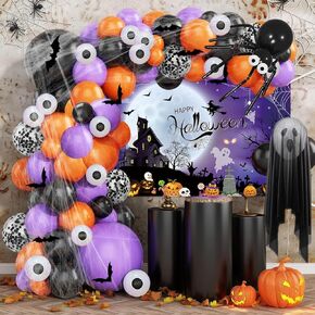 MEHOFOND Halloween Party Decorations 184pcs, Purple Orange and Black Halloween Balloons with Happy Halloween Banner, Spider Web, Bats for Halloween Ghost Birthday Supplies Halloween Party
