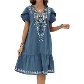 LauraKlein Summer Floral Embroidered Dress for Women Mexican Ruffled Sleeve Boho Women Dresses Peasant Casual Dress