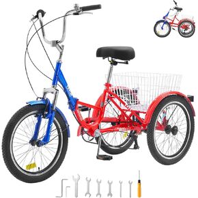VEVOR Folding Adult Tricycle, 24-Inch Adult Folding Trikes, Carbon Steel 3 Wheel Cruiser Bike with Large Basket & Adjustable Seat, Shopping Picnic Foldable Tricycles for Women, Men, Seniors (Blue)