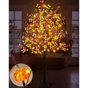 Uieke 6FT 96LED Lighted Fall Eucalyptus Tree Artificial Fall Tree with 24PCS Pumpkin Lights 8 Modes Thanksgiving Fall Decorations for Home Autumn Decor Indoor Outdoor