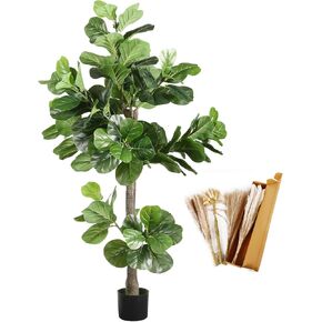 Fiddle Leaf Fig Tree Artificial 5ft Tall Faux Fiddle Leaf Fig Plant Fake Tree Indoor Fake Ficus Iyrata Plant Include Pampas Grass Artificial Trees for Office Home Decor Indoor