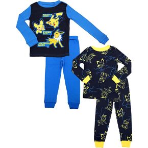 Pokemon Pajamas Set for Boys - 4 Piece Long Sleeve Shirt & Pants Cotton PJs -Pika Pals Pikachu, Pichu, Jolteon Kids Sleepwear