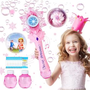deAO Bubble Wands for Kids with Light & Music, Snowflake Automatic Bubble Blower Machine with 1 Windmill & 12 Bottles Bubble Solution,Outdoor Fun Bubble Toy for Kids Girl Boys Adult Party,Pink