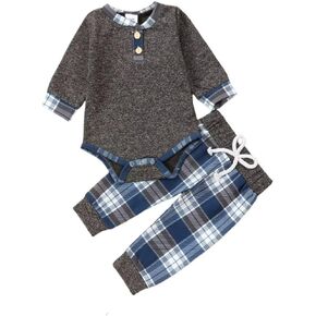 Baby Boy Clothes Fall Winter Outfits For Boys Infant Plaid Long Sleeve Button Romper + Long Pants Set 2PCS
