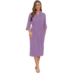 Womens Cotton Robe, Long Knit Bathrobe Lightweight Kimono Soft Sleepwear V-Neck Ladies Loungewear S-3XL