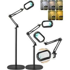 10X Rectangle Magnifying Glass with Light and stand, 5*3 Inch Real Glass 5 Color Modes Stepless Dimmable Arm Swing LED Floor Lamp, 3-in-1 Large Lighted Magnifier for Reading Painting Craft Close Work