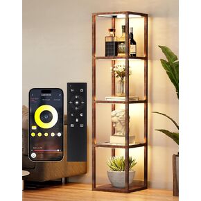 PARTPHONER Floor Lamp Glass Display Shelf with Remote/APP Control, Dimmable LED Floor Lamp with Shelves, Open Display Cabinet, Color Temp Control (2700K-6000K), Black