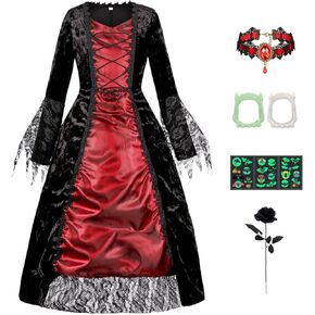 Girls Royal Vampire Costume Dress Kids Halloween Costume Medieval Victorian Vampiress Queen Cosplay with Choker