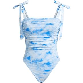 Milumia Women's Tie Dye Mesh Cami Bodysuits Tie Shoulder Ruched Sleeveless Jumpsuits Tops