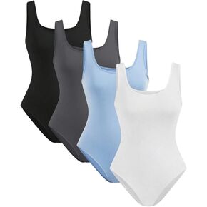 SOLY HUX Women's Scoop Neck Sleeveless Bodysuits Ribbed Tank Top Casual Fitted Tops Leotards 4 Piece