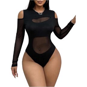 Floerns Women's Cut Out Sheer Mesh Cold Shoulder Long Sleeve Bodysuits Top