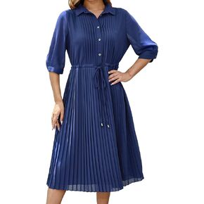 Women's Autumn Collar V Neck Long Sleeve Extra Long A-Line Dress 2024 Elegant Pleated Skirt Fashion Dress