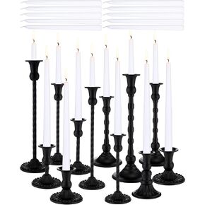 Suclain 24 Pcs Gold Candlestick Holders and Taper Candles Set 12 Vintage Taper Candle Holders with 12 White Tall Candles Mixed Decorative Candle Holders Modern Classic Centerpiece for Wedding Birthday