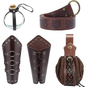5Pcs Renaissance Belt Medieval Viking Belt Magic Bottles Medieval Vintage Belt Pouch and Leather Arm Guards Brown