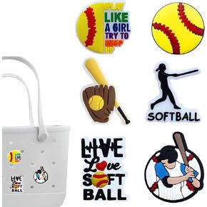 Softball Charms for Bogg Bag, Softball -Themed, Compatible with Simply Southern Beach Tote, 6 Pcs Beach Bag Charms Rubber Inserts Accessories for Women Girls (Softball)