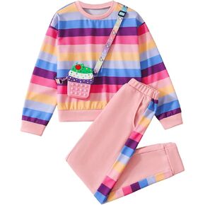 Floerns Girl's Two Piece Outfit Striped Long Sleeve Pullover Sweatpants Set Without Crossbody Bag