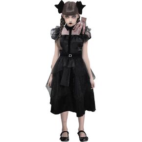 Camlinbo Halloween Dress for Girls Wednesday Dance Dress Costumes with Belt Halloween Cosplay Party for Girls 4-14 Years