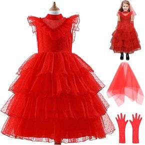 Girls' Lydia Deetz Dress Costume Red Wedding Dress with Veil and Gloves Halloween Cosplay Bride Outfits