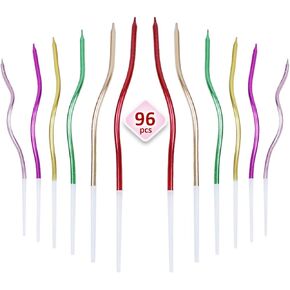 96 PCS Twisted Birthday Candles Spiral Cake Candles Long Thin Curly Coil Cake Candles with Holders for Birthday Wedding Party (Metallic Colorful)