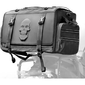 Motorcycle Luggage Bag PU Leaher, 60L Motorcycle Tail Bag Waterproof Motorcycle Bag, 3D Skull Foldable Motorcycle Travel Bag with Shoulder Strap for Most Motorcycle (Black)