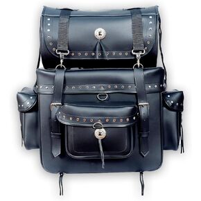 Motorcycle Leather Sissy Bar Touring Luggage 2 Piece Studded Bag with Three Extrernal Pockets- Water Resistant (Black), 18" x 8" x 14", SBTB540S