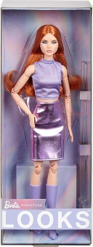 دمية Barbie Looks، رقم 20 القابلة للتجميع، ذات الشعر الأحمر وأزياء Y2K الحديثة، وقميص أرجواني وتنورة من الجلد الصناعي مع حذاء يصل إلى الركبة in Saudi Arabia