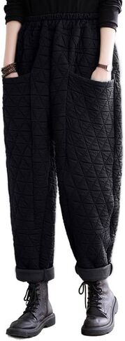 Women Padded Quilted Pants Fall Winter Cotton Warm Casual Wide Leg Pants Elastic Waist Trousers with Pockets in Kuwait