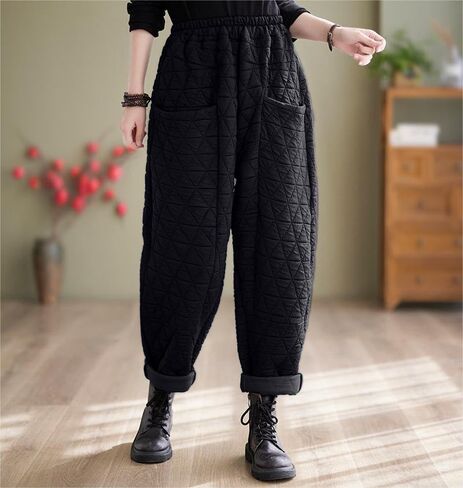 Women Padded Quilted Pants Fall Winter Cotton Warm Casual Wide Leg Pants Elastic Waist Trousers with Pockets in Kuwait