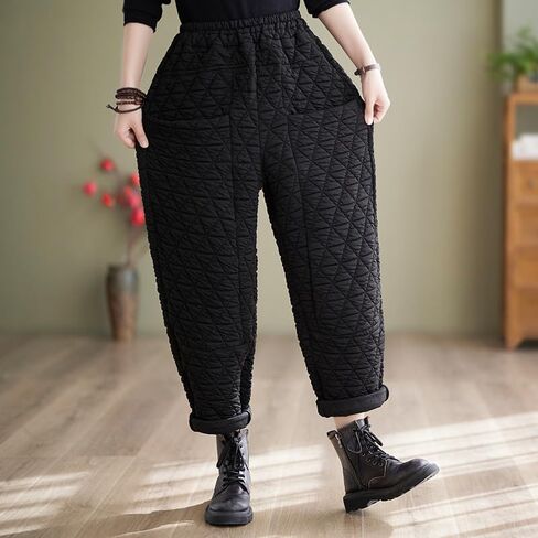 Women Padded Quilted Pants Fall Winter Cotton Warm Casual Wide Leg Pants Elastic Waist Trousers with Pockets in Kuwait