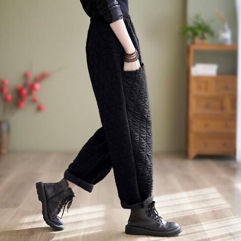 Women Padded Quilted Pants Fall Winter Cotton Warm Casual Wide Leg Pants Elastic Waist Trousers with Pockets in Kuwait
