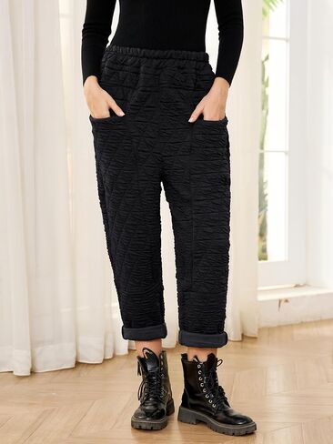 Women Padded Quilted Pants Fall Winter Cotton Warm Casual Wide Leg Pants Elastic Waist Trousers with Pockets in Kuwait