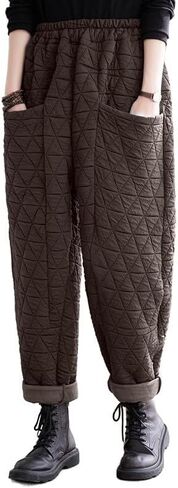 Women Padded Quilted Pants Fall Winter Cotton Warm Casual Wide Leg Pants Elastic Waist Trousers with Pockets in Kuwait