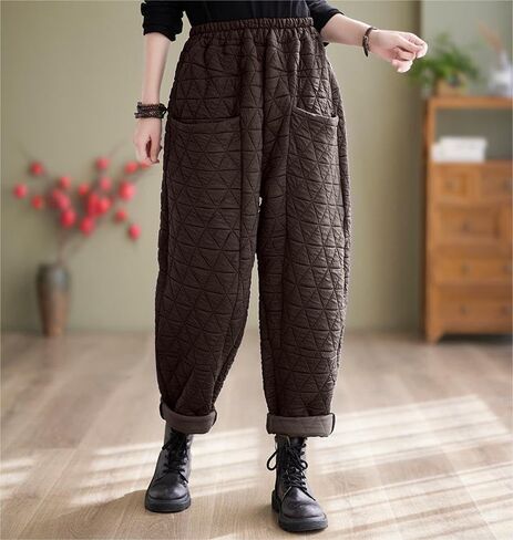 Women Padded Quilted Pants Fall Winter Cotton Warm Casual Wide Leg Pants Elastic Waist Trousers with Pockets in Kuwait