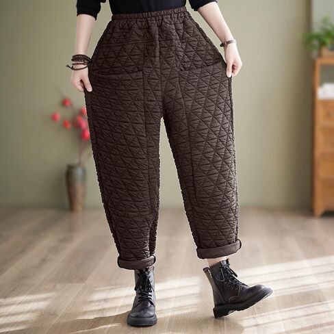 Women Padded Quilted Pants Fall Winter Cotton Warm Casual Wide Leg Pants Elastic Waist Trousers with Pockets in Kuwait