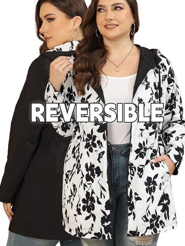 سترة المطر النسائية من AOVDE مقاس كبير معطف واق من المطر ذو وجهين خفيف الوزن وسترات مقاومة للماء مع غطاء للرأس للنساء in Kuwait