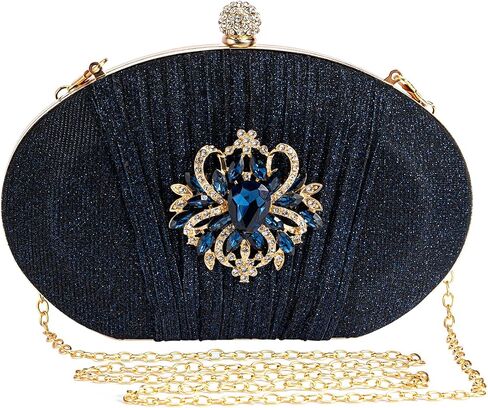 Evening Bags For Women Pleated Glitter Rhinestone Brooch Clutch Purse With Detachable Chain Strap in Saudi Arabia