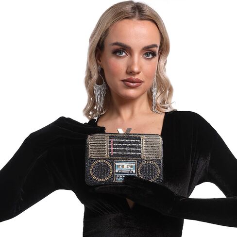 Boutique De FGG Retro Radio Boom Box Women Black Crystal Evening Bags Party Dinner Prom Rhinestone Clutch Purses and Handbags in Kuwait