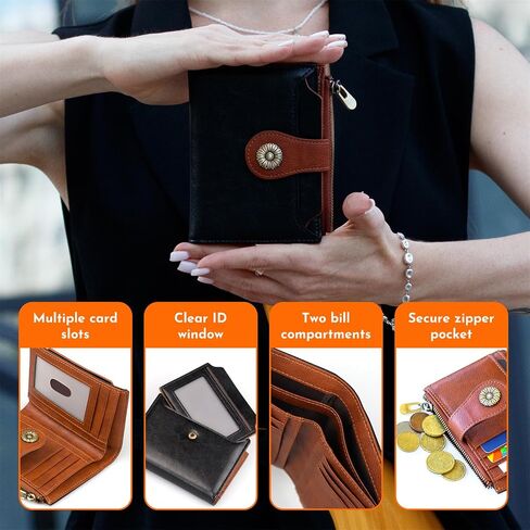 Small Wallets Woman Leather Bifold Credit Card Holder RFID Blocking with Zipper Coin Pocket Removable ID Window Black Brown in Saudi Arabia