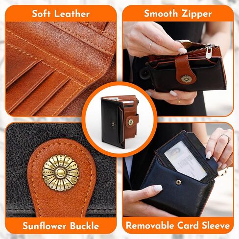 Small Wallets Woman Leather Bifold Credit Card Holder RFID Blocking with Zipper Coin Pocket Removable ID Window Black Brown in Saudi Arabia