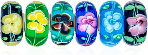 Assorted Mixed Set Of 6 Bundle Translucent Shades Of Floral Red Pink Blue Yellow Flower Rose Murano Glass Charm Bead .925 Sterling Silver Core Fits European Bracelet For Women Teen in Saudi Arabia